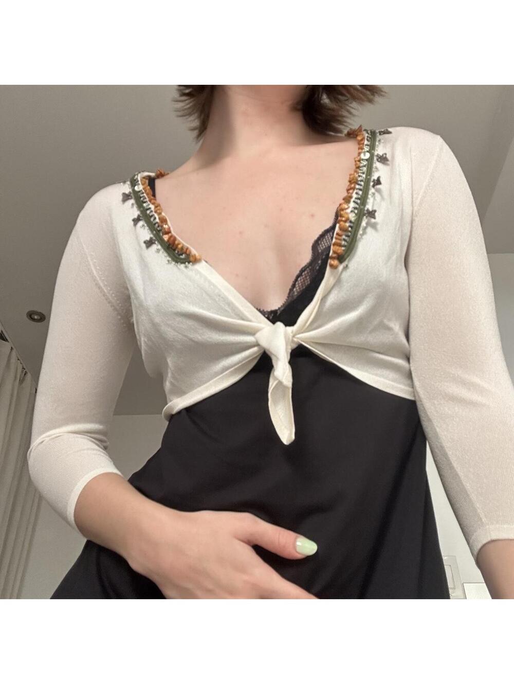 Jaeger Cream Beaded Embellished Tie Front Cropped Cardigan XS Japan
